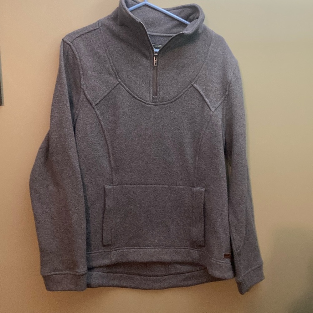 Roots grey polyester sweater with a bit of fuzziness.